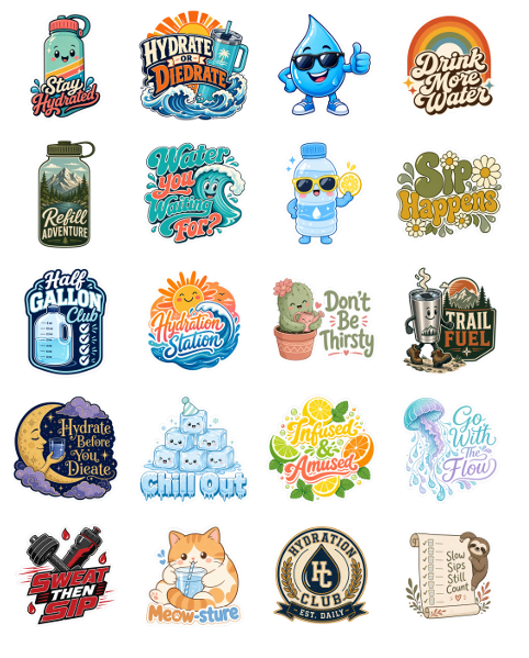 Premium Water Bottle Sticker Pack print-ready sticker sheet 1